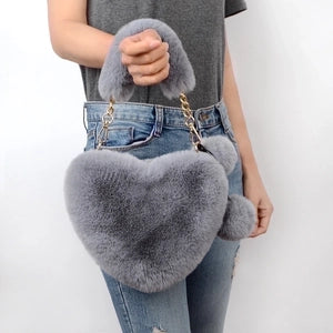 Everful Heart Shaped Faux Fur Handbag With Metal Chain Pom Pom Crossbody Bag