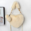 Everful Heart Shaped Faux Fur Handbag With Metal Chain Pom Pom Crossbody Bag
