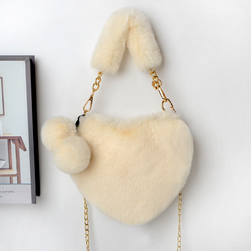 Everful Heart Shaped Faux Fur Handbag With Metal Chain Pom Pom Crossbody Bag