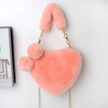 Everful Heart Shaped Faux Fur Handbag With Metal Chain Pom Pom Crossbody Bag