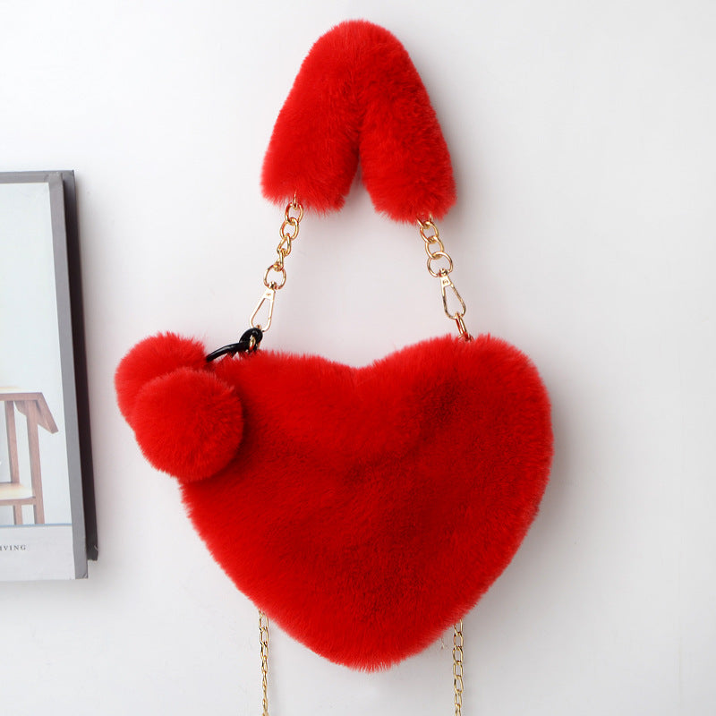 Everful Heart Shaped Faux Fur Handbag With Metal Chain Pom Pom Crossbody Bag