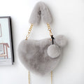 Everful Heart Shaped Faux Fur Handbag With Metal Chain Pom Pom Crossbody Bag