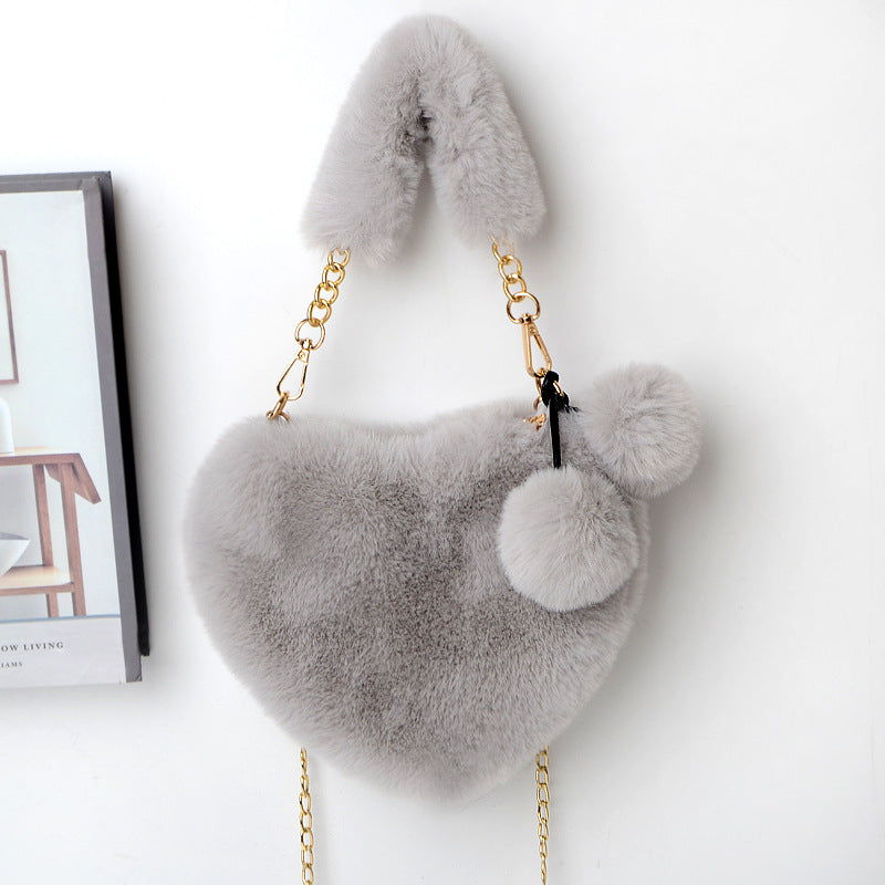 Everful Heart Shaped Faux Fur Handbag With Metal Chain Pom Pom Crossbody Bag