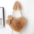 Everful Heart Shaped Faux Fur Handbag With Metal Chain Pom Pom Crossbody Bag