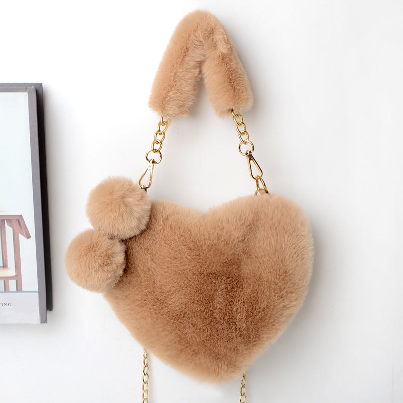 Everful Heart Shaped Faux Fur Handbag With Metal Chain Pom Pom Crossbody Bag
