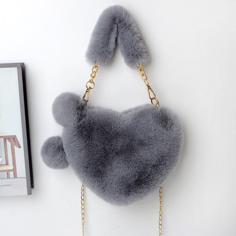 Everful Heart Shaped Faux Fur Handbag With Metal Chain Pom Pom Crossbody Bag