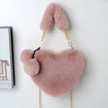 Everful Heart Shaped Faux Fur Handbag With Metal Chain Pom Pom Crossbody Bag