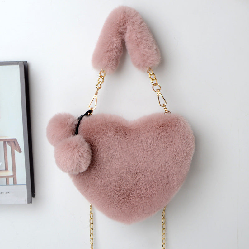 Everful Heart Shaped Faux Fur Handbag With Metal Chain Pom Pom Crossbody Bag