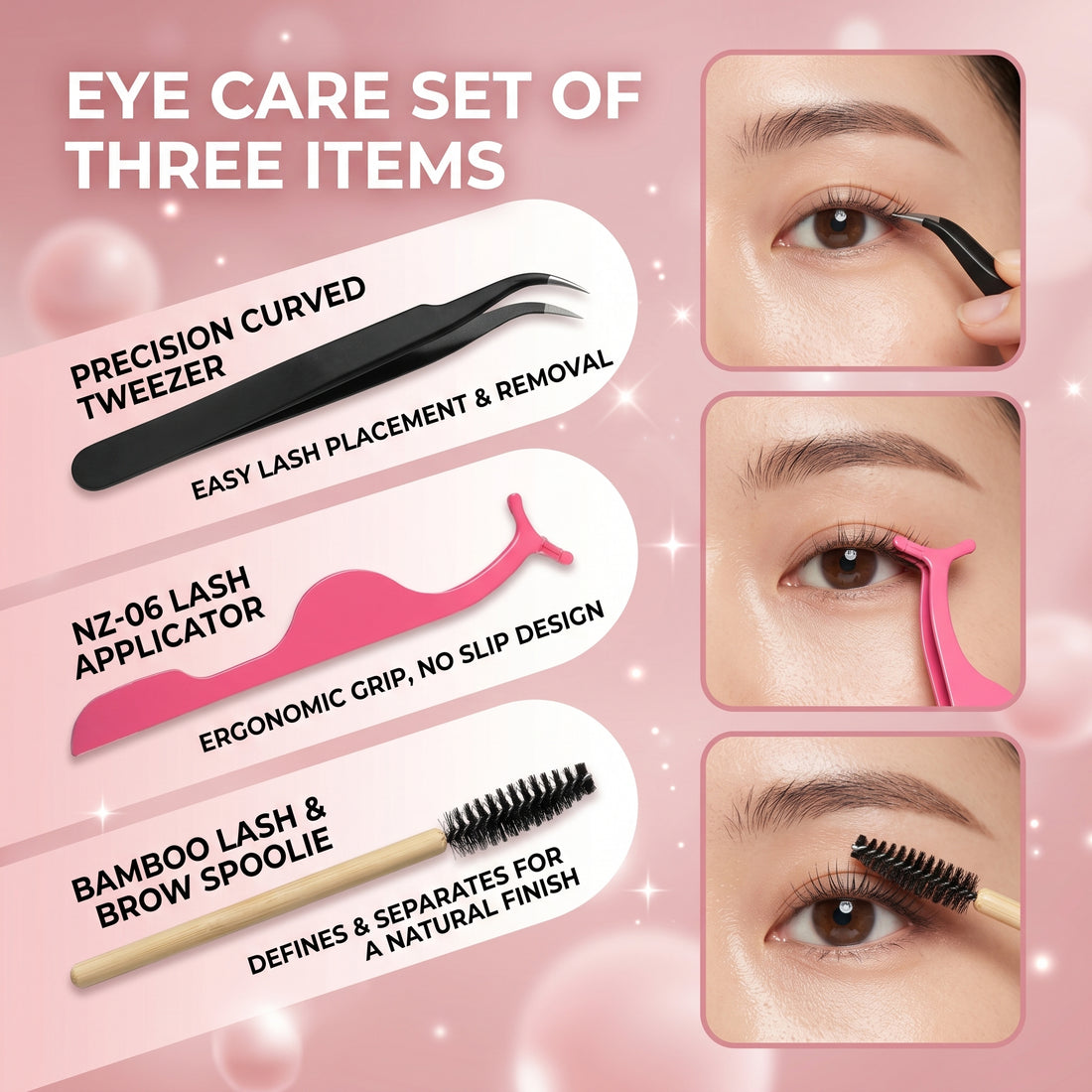 Eye Care Set – Lash Tweezer, Spoolie & Applicator (3pc)