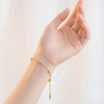 18K Gold Plated Stainless Steel Bracelet – Square Diamond CZ Station Chain Bracelet, Adjustable, Waterproof