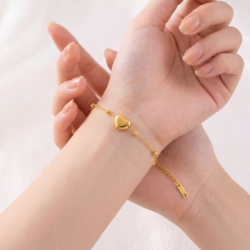 18K Gold Plated Stainless Steel Heart Bracelet – Puffy Heart Charm Beaded Chain Bracelet, Adjustable, Waterproof