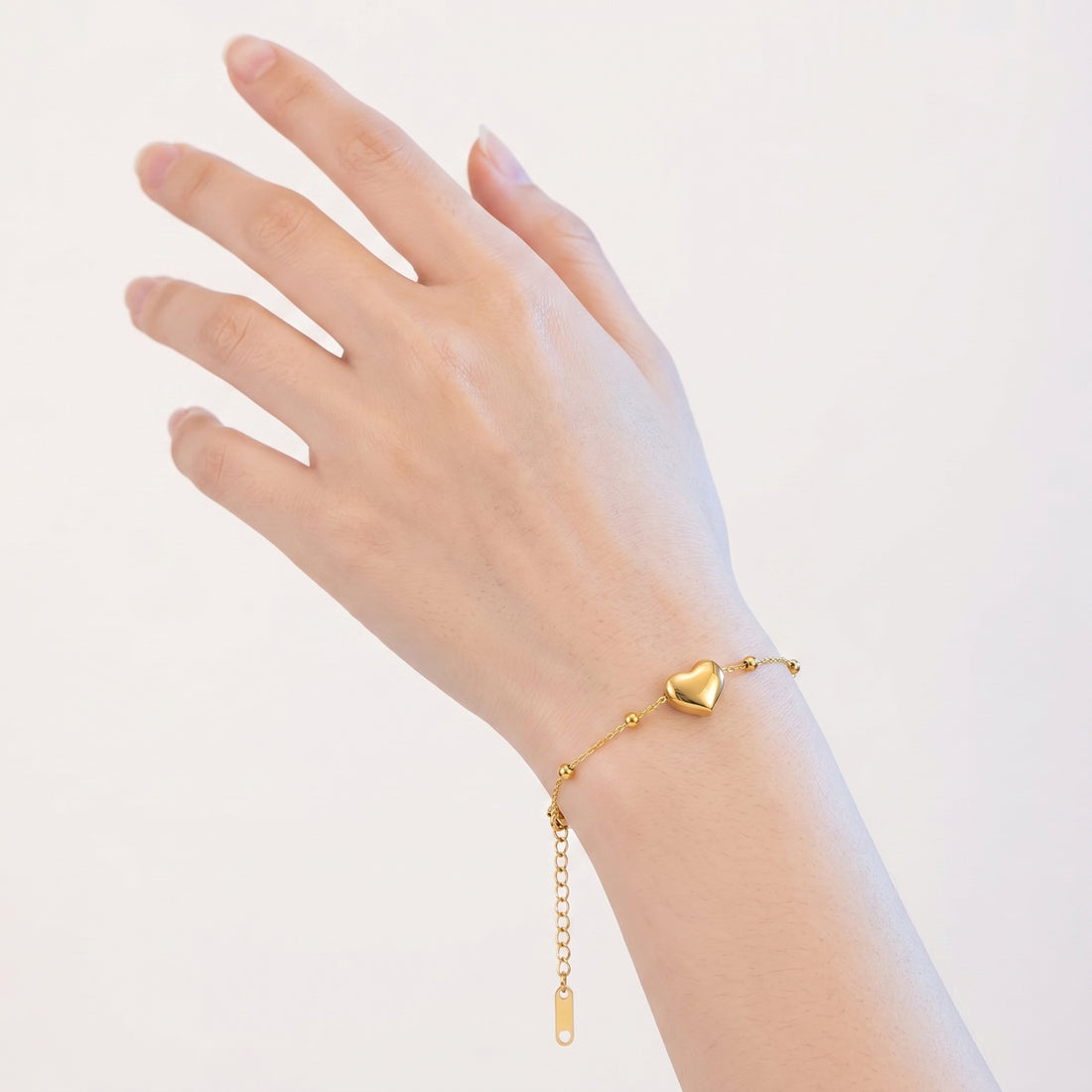 18K Gold Plated Stainless Steel Heart Bracelet – Puffy Heart Charm Beaded Chain Bracelet, Adjustable, Waterproof