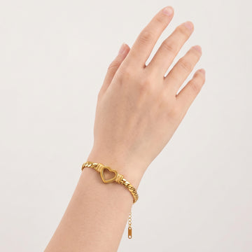 18K Gold Plated Stainless Steel Heart Bracelet – Chunky Curb Chain Open Heart Charm Bracelet, Adjustable, Waterproof
