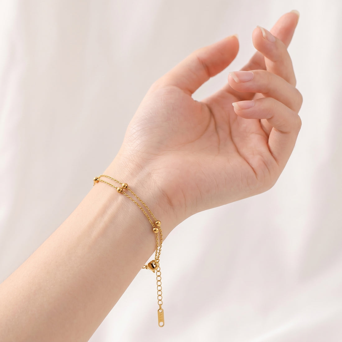 18K Gold Plated Stainless Steel Bracelet – Double-Layer Beaded Chain, Dainty Ball Station Bracelet, Waterproof