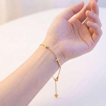 18K Gold Plated Stainless Steel Cross Bracelet – Sideways Cross with CZ Rhinestone Charm, Waterproof