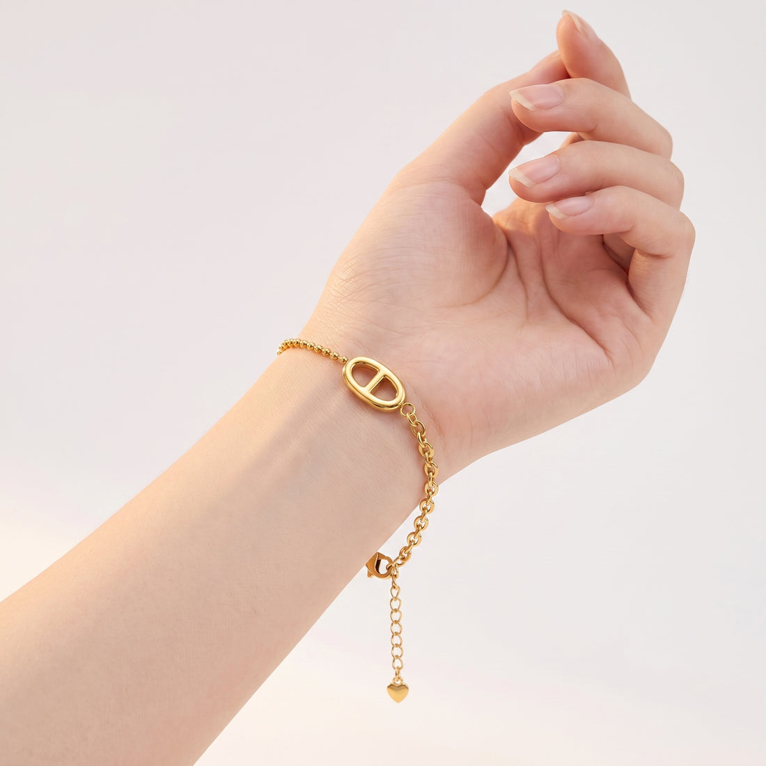 18K Gold Plated Oval Link Bracelet – Mixed Bead & Cable Chain, Stainless Steel, Waterproof