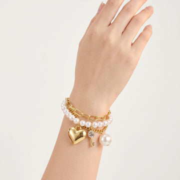 Multi-Layer Pearl Charm Bracelet – Heart, Key & Pearl Charms, Gold Chain Stack Bracelet