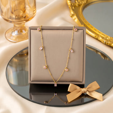 Gold Pink Crystal Charm Necklace – 18K Gold Plated Stainless Steel