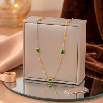 Gold Emerald Station Necklace – 18K Gold Plated Stainless Steel