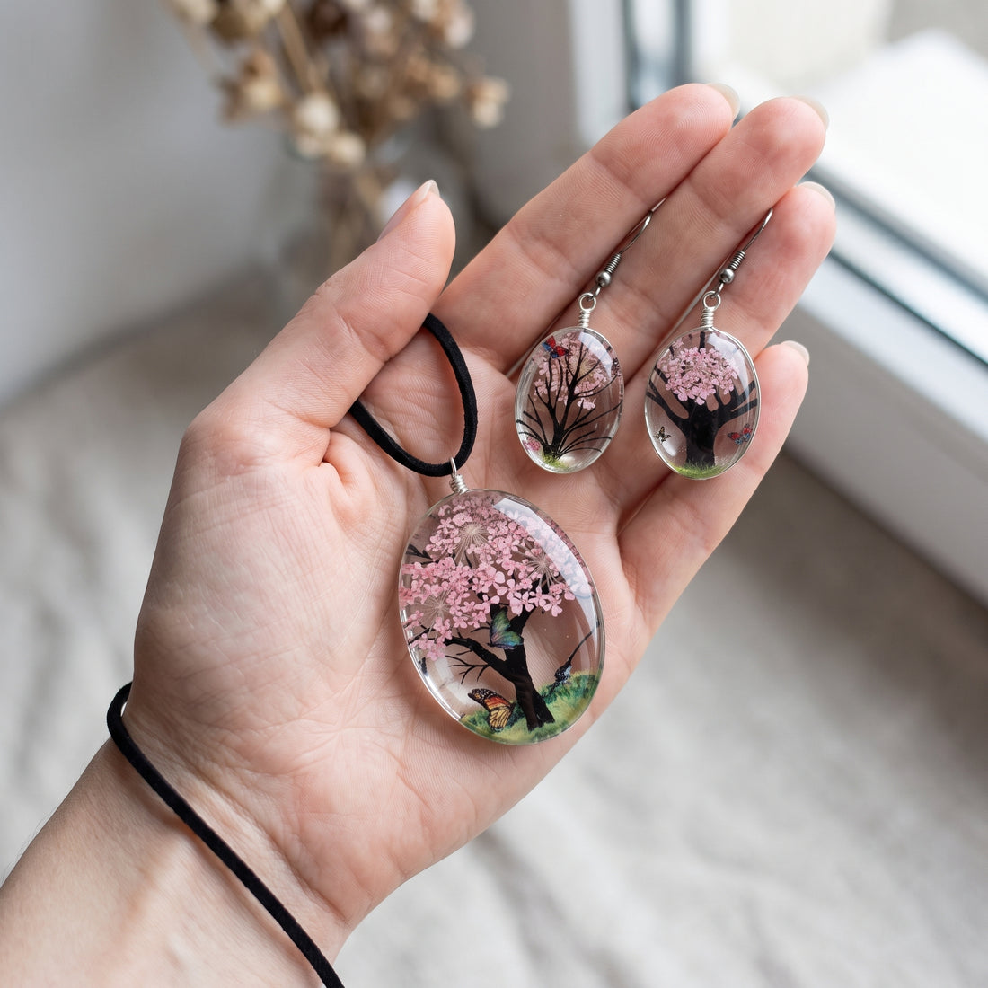 Real Pressed Flower Tree of Life Necklace & Earring Set
