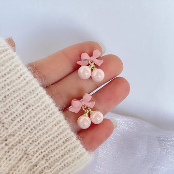 Pink Bow Cherry Pearl Earrings – Cute Drop Studs