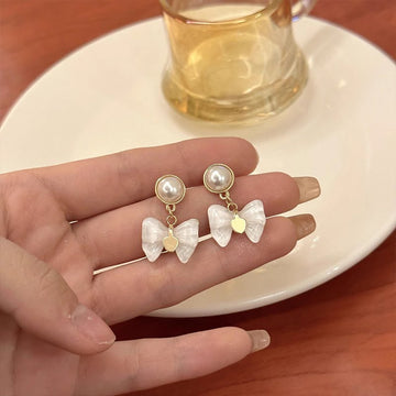 Pearl Bow Drop Earrings – Cute Heart Charm Studs