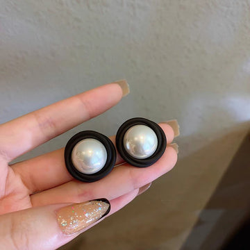Black Ring Pearl Stud Earrings – Minimalist Round Studs