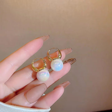 Iridescent Pearl Hoop Earrings – Gold Huggie Drop
