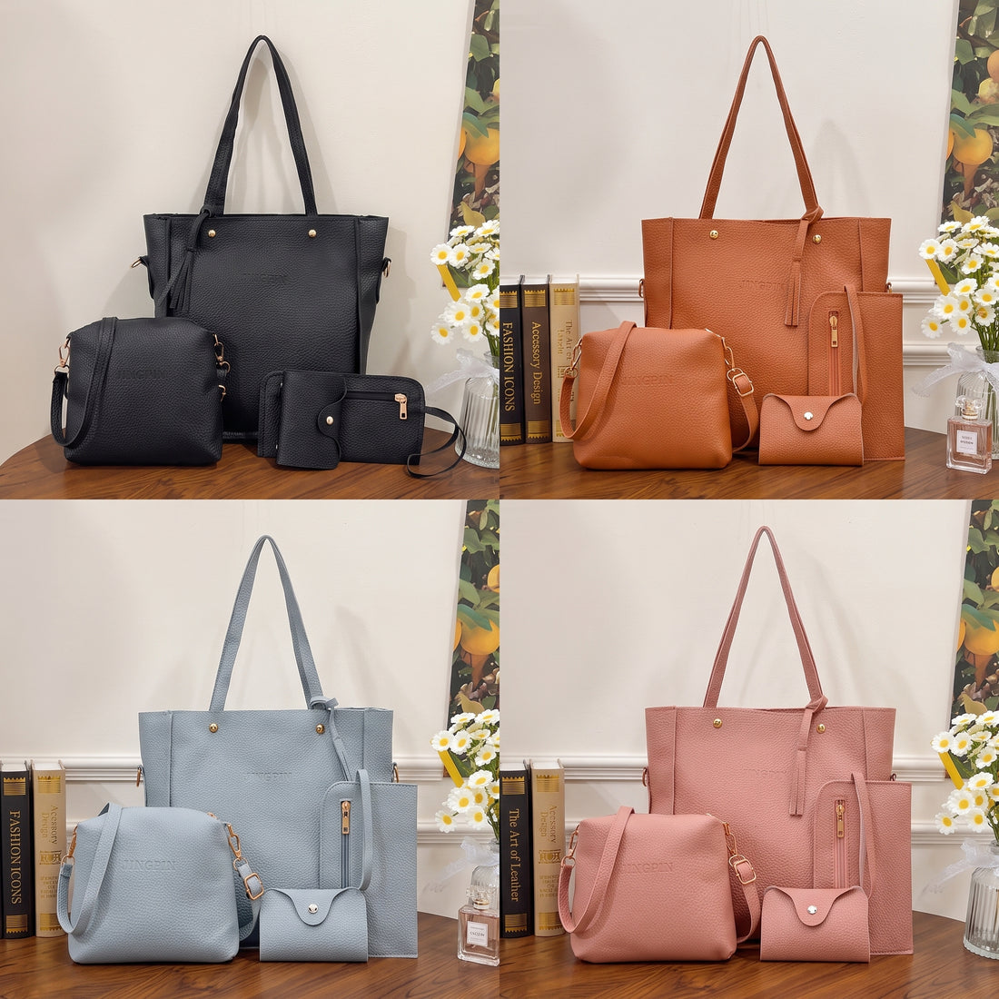 4-Piece Women's Tote Bag Set – PU Leather Handbag, Crossbody Bag, Clutch & Card Holder Combo