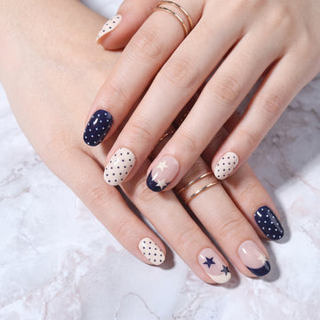 Press On Nails Star Polka Dot Navy Almond Set (24pcs)