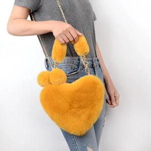 Everful Heart Shaped Faux Fur Handbag With Metal Chain Pom Pom Crossbody Bag