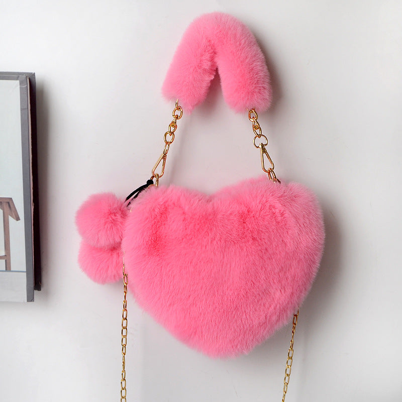 Everful Heart Shaped Faux Fur Handbag With Metal Chain Pom Pom Crossbody Bag