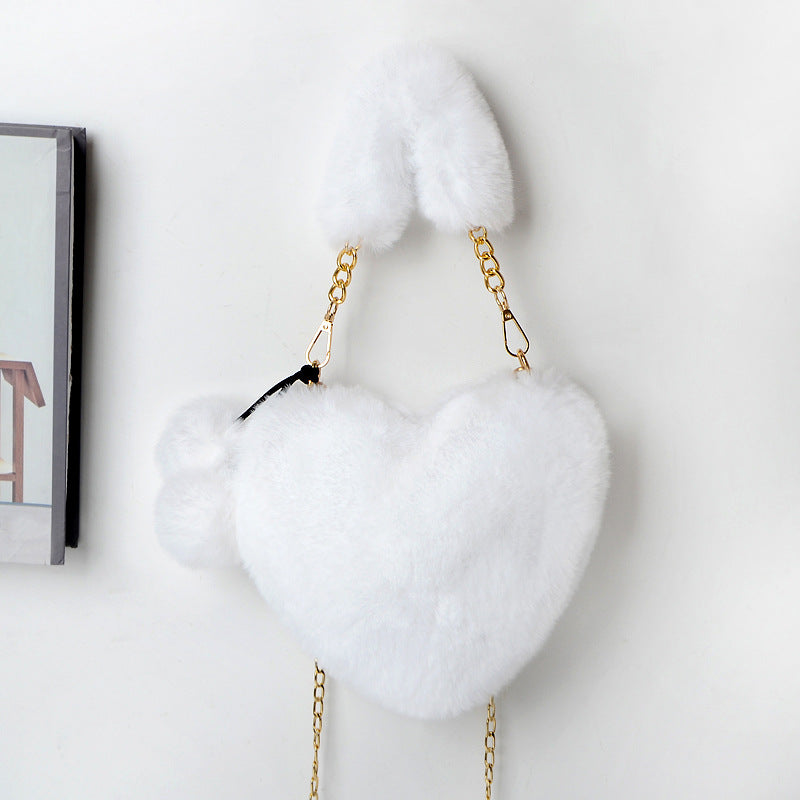 Everful Heart Shaped Faux Fur Handbag With Metal Chain Pom Pom Crossbody Bag