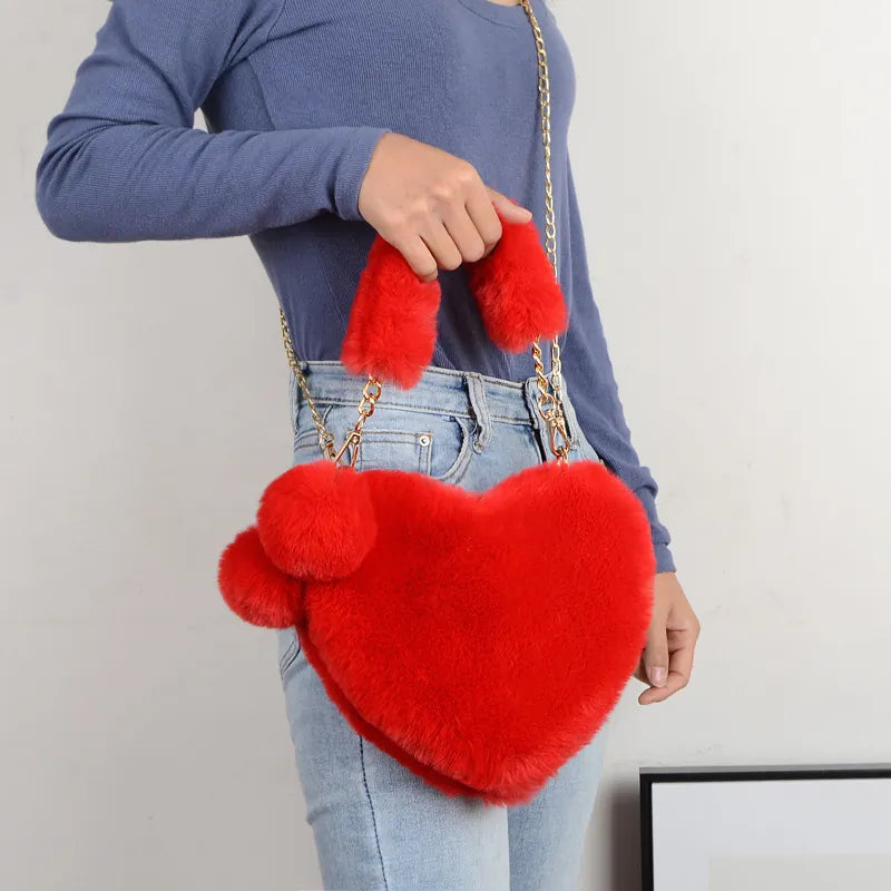 Everful Heart Shaped Faux Fur Handbag With Metal Chain Pom Pom Crossbody Bag