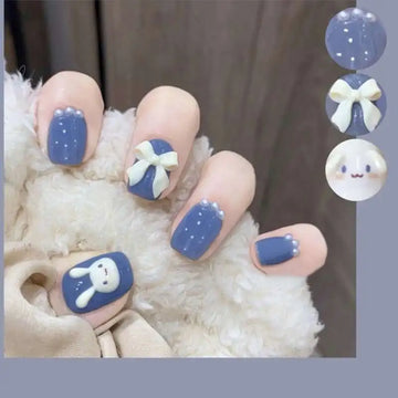 24PCS/Box Bunny Bow Press On Nails Square French Set