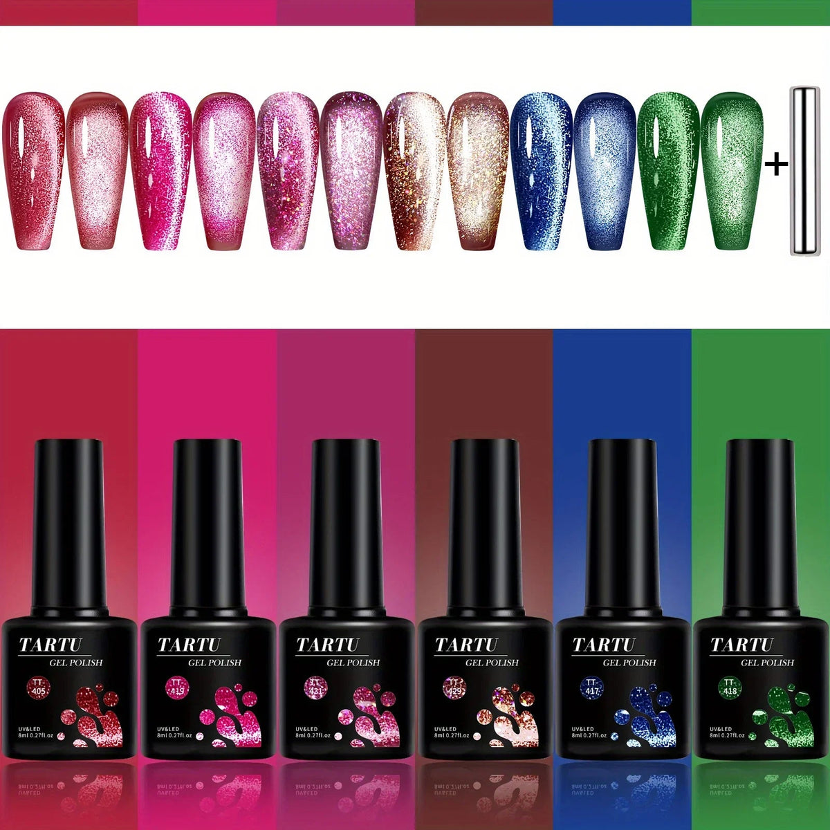6pcs 8ml Cat Eye Gel Nail Polish Set, 6 Colors Gel Polish Kit LINEA AURA