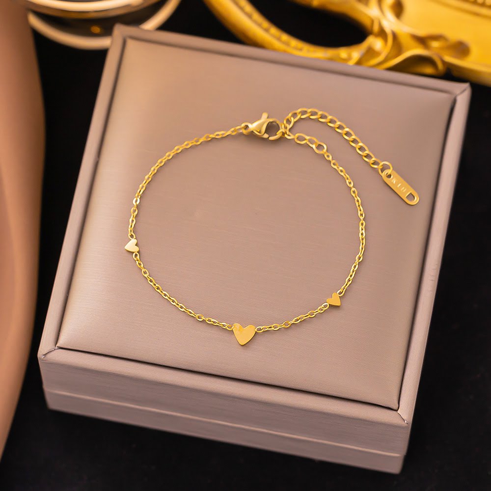 18K Gold Plated Three Hearts Bracelet – Dainty Graduated Heart Station Chain, Stainless Steel, Waterproof