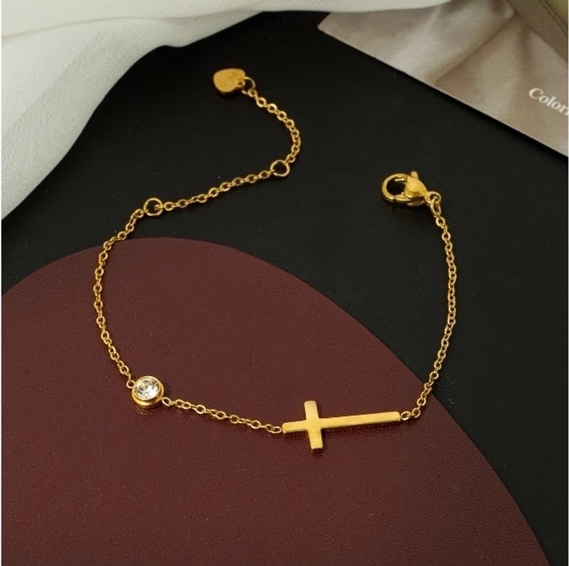 18K Gold Plated Stainless Steel Cross Bracelet – Sideways Cross with CZ Rhinestone Charm, Waterproof