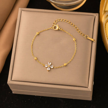18K Gold Plated Four-Leaf Clover Bracelet – CZ Rhinestone Charm, Stainless Steel, Waterproof Lucky Charm Jewelry