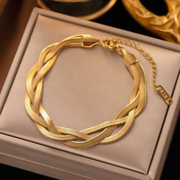 18K Gold Plated Braided Herringbone Bracelet – Three-Strand Twisted Chain, Stainless Steel, Waterproof