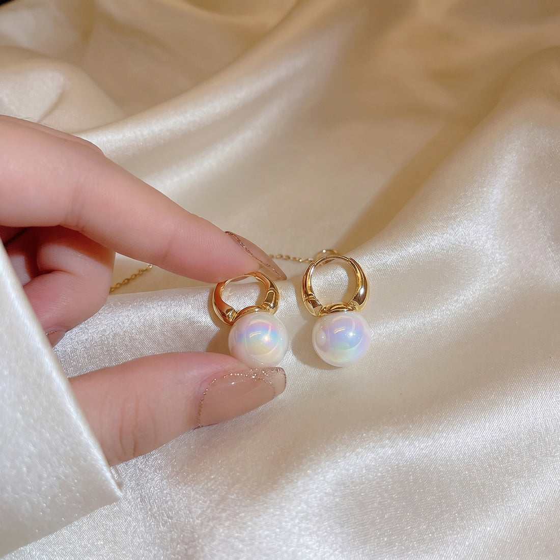 Iridescent Pearl Hoop Earrings – Gold Huggie Drop