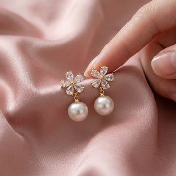 Crystal Flower Pearl Drop Earrings – CZ Floral Studs