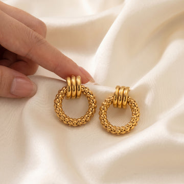 Gold Beaded Circle Drop Earrings – Textured Ring