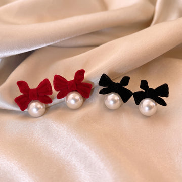 Velvet Bow Pearl Stud Earrings – Red & Black Set