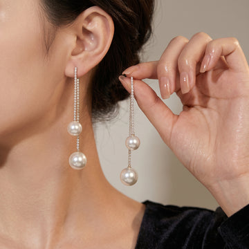 Double Pearl Drop Earrings – Rhinestone Bar Ear Threader
