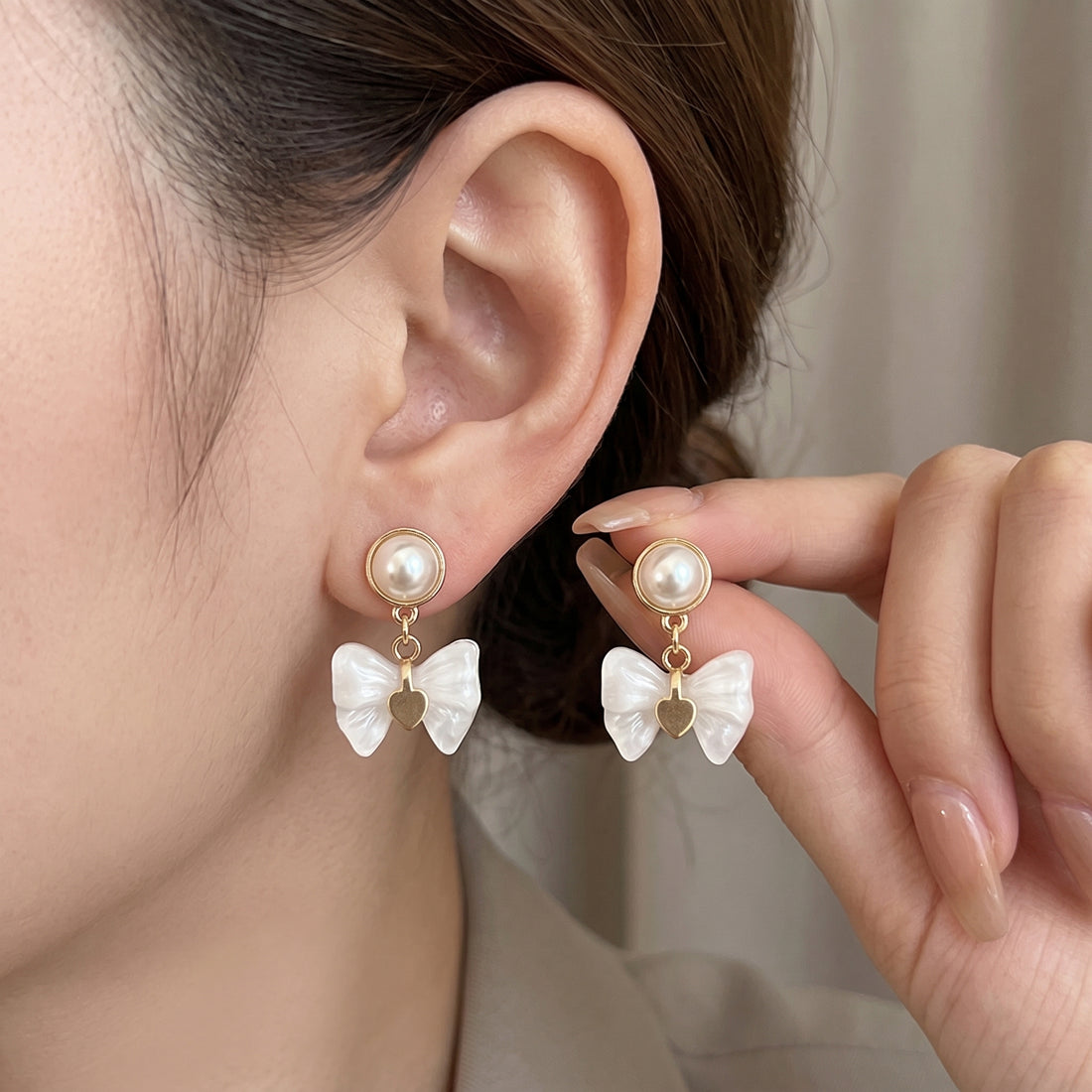 Pearl Bow Drop Earrings – Cute Heart Charm Studs