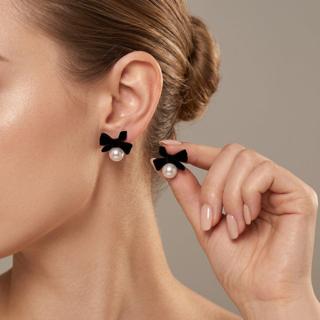 Velvet Bow Pearl Stud Earrings – Red & Black Set