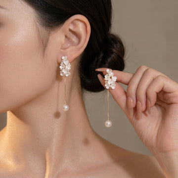 White Floral Cascade Pearl Drop Earrings – Long Chain