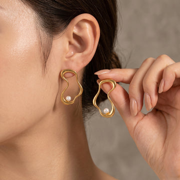 Gold Wavy Abstract Stud Earrings with Pearl | 18K Matte Gold Plated | Titanium Steel
