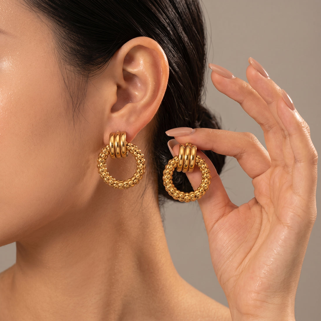 Gold Beaded Circle Drop Earrings – Textured Ring